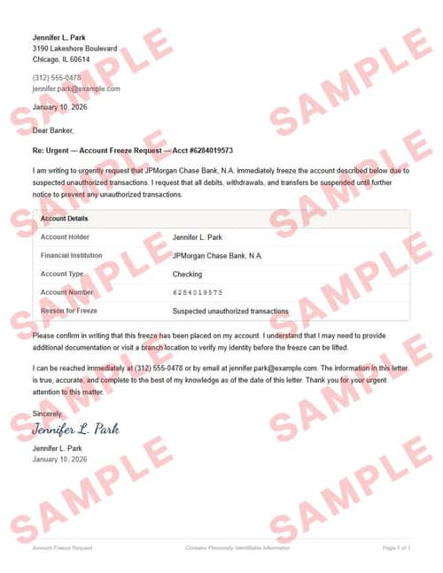 Watermarked sample of the account freeze request