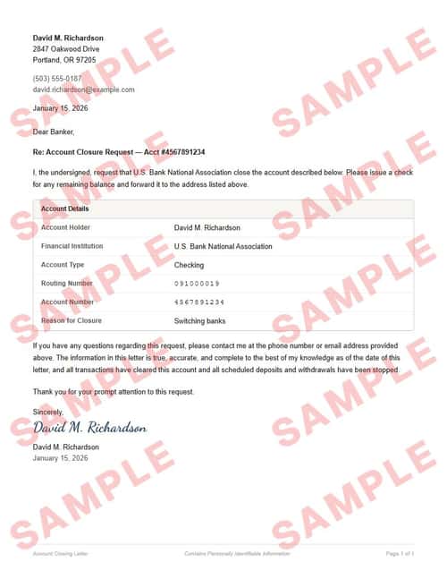 Watermarked sample of the bank account closure request letter