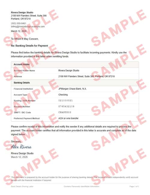 Watermarked sample of the bank details sharing letter