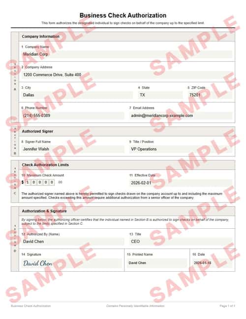 Watermarked sample of the business check authorization