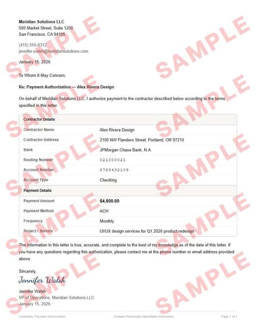 Watermarked sample of the contractor payment authorization form