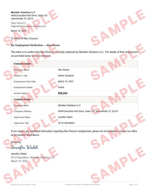 Watermarked sample of the employment verification letter