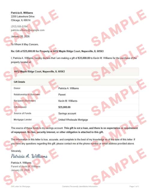 Watermarked sample of the gift letter for mortgage
