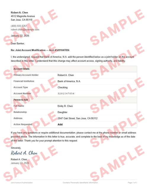 Watermarked sample of the joint account authorization