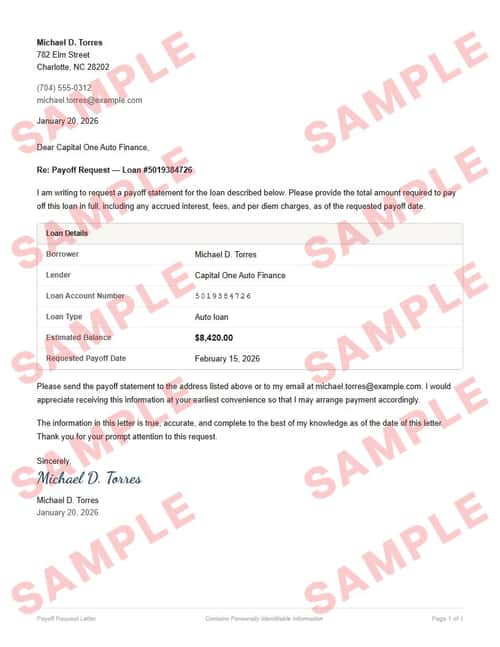 Watermarked sample of the payoff request letter
