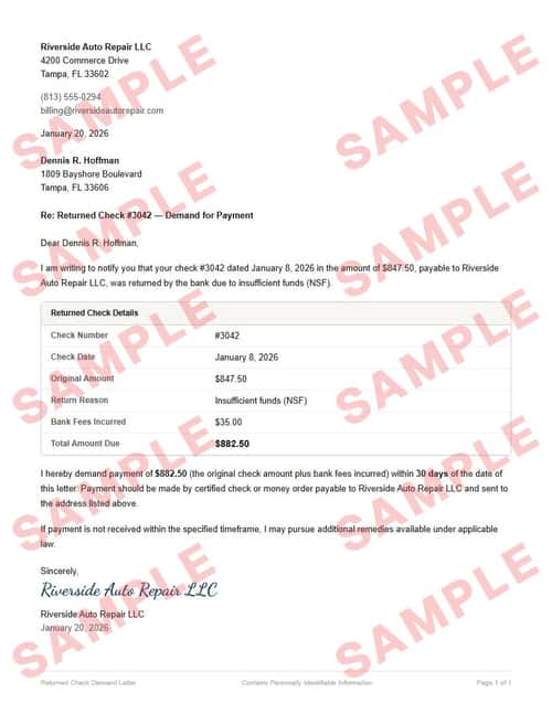 Watermarked sample of the returned check demand letter